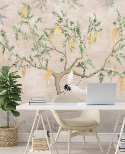 Oriental style growing tree with a light cream background, green and yellow flowers and white crane birds chinoiserie wallpaper Oriental style growing tree with a light cream background, green and yellow flowers and white crane birds chinoiserie wallpaper