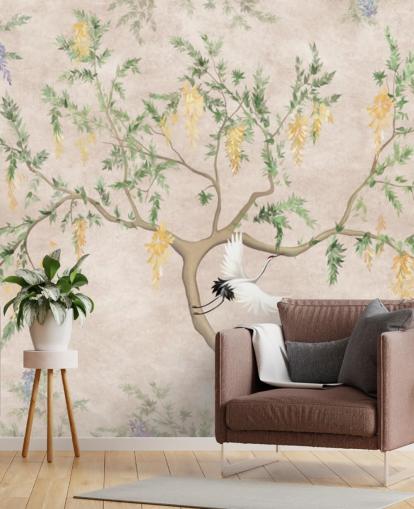 Oriental style growing tree with a light cream background, green and yellow flowers and white crane birds chinoiserie wallpaper Oriental style growing tree with a light cream background, green and yellow flowers and white crane birds chinoiserie wallpaper