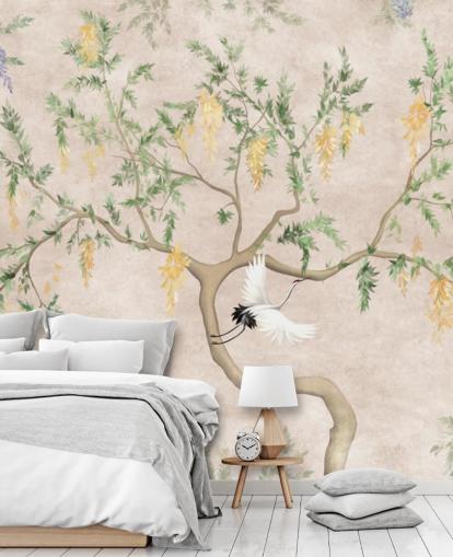 Oriental style growing tree with a light cream background, green and yellow flowers and white crane birds chinoiserie wallpaper Oriental style growing tree with a light cream background, green and yellow flowers and white crane birds chinoiserie wallpaper
