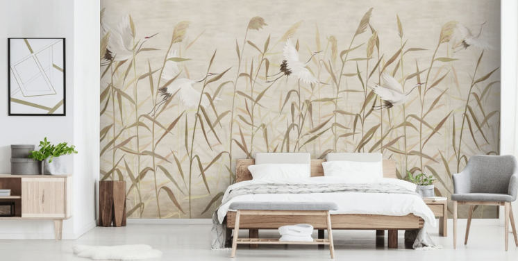 flying herons amongst reeds wallpaper