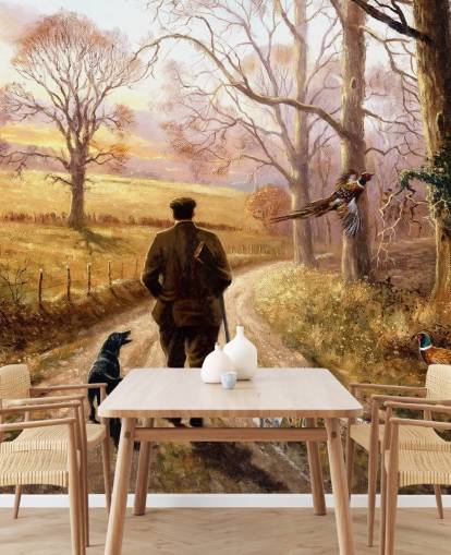 garde-chasse avec chien marchant dans le fond d'écran de campagne garde-chasse avec chien marchant dans le fond d'écran de campagne