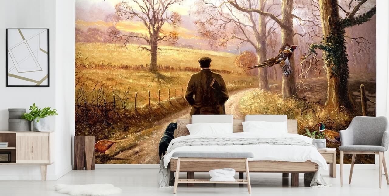 gamekeeper with dog walking down country lane wallpaper