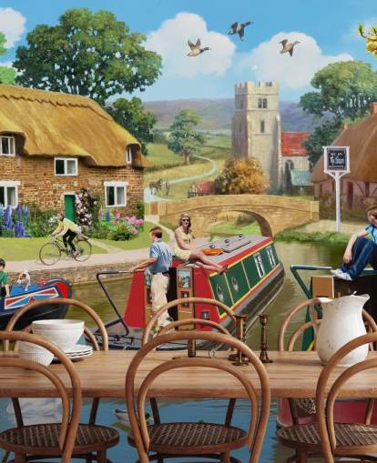 people and birds on canal with barges wallpaper people and birds on canal with barges wallpaper