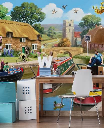 people and birds on canal with barges wallpaper people and birds on canal with barges wallpaper