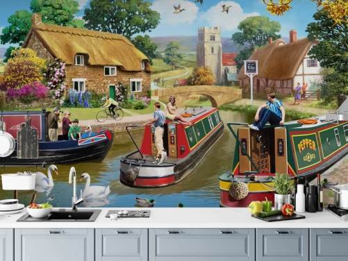 people and birds on canal with barges wallpaper