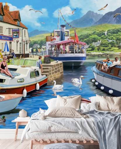 boats on a loch by pub and mountains wallpaper boats on a loch by pub and mountains wallpaper