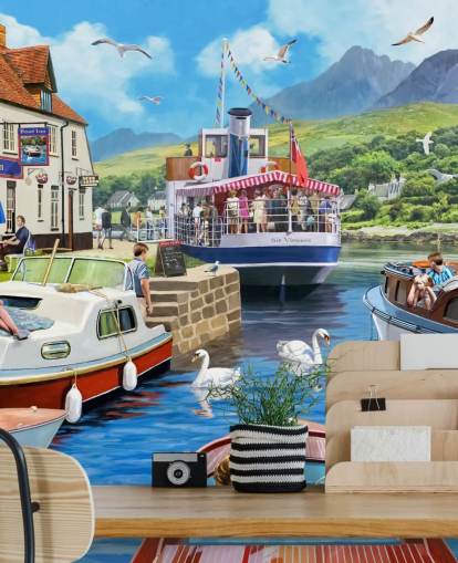 boats on a loch by pub and mountains wallpaper boats on a loch by pub and mountains wallpaper