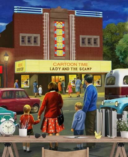 oude bioscoop op straat en familie op het punt om in behang te gaan oude bioscoop op straat en familie op het punt om in behang te gaan