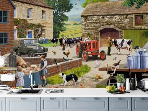 farm yard with red tractor, cows, children wallpaper