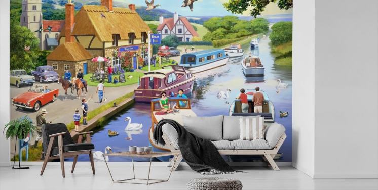 colourful barge boats on a canal wallpaper
