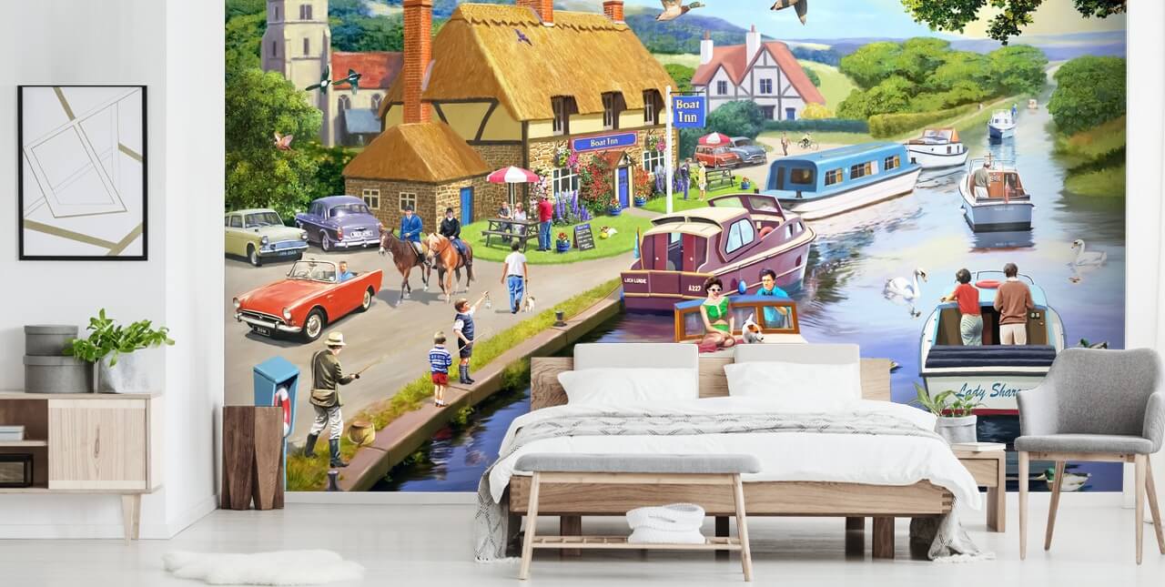 colourful barge boats on a canal wallpaper colourful barge boats on a canal wallpaper