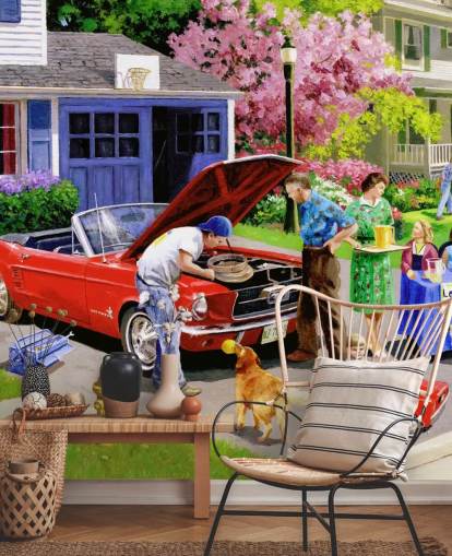 Retro-Auto vor dem Haus Tapete Retro-Auto vor dem Haus Tapete