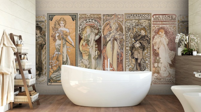mucha geïnspireerde posters van vintage mensenbehang