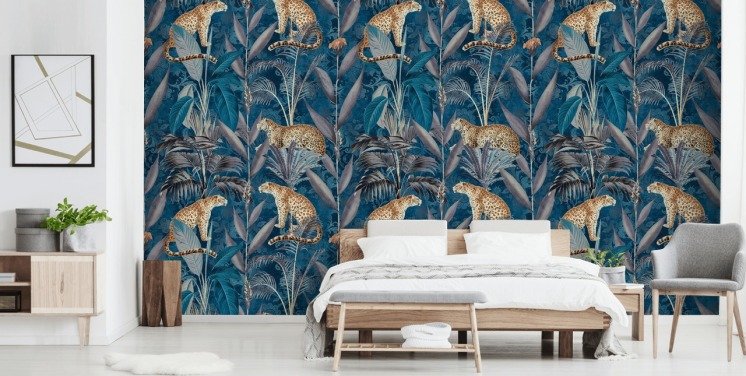 pattern repeat wallpaper on cheetahs on tropical blue background wallpaper