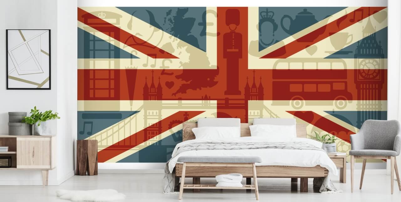 union jack vlag met Britse figuren behang