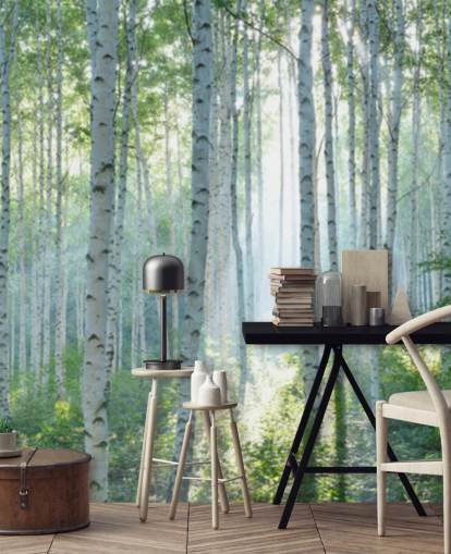 mural de papel de parede de bétula branca personalizável chamado White Birch Forest In Summer para salas de estar mural de papel de parede de bétula branca personalizável chamado White Birch Forest In Summer para salas de estar