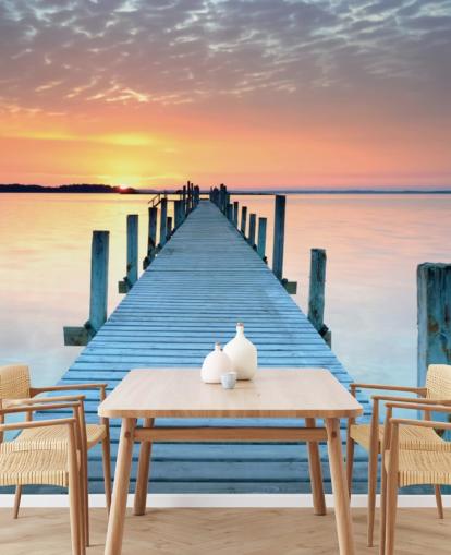 pastellrosa och blå anpassningsbar solnedgång tapetväggmålning kallad Sunset Jetty för sovrum eller kontor pastellrosa och blå anpassningsbar solnedgång tapetväggmålning kallad Sunset Jetty för sovrum eller kontor