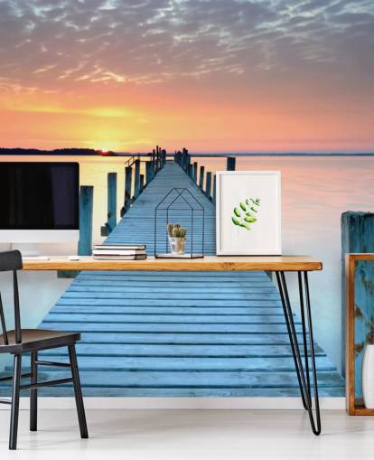 pastel pink and blue customisable sunset wallpaper mural called Sunset Jetty for bedroom or office pastel pink and blue customisable sunset wallpaper mural called Sunset Jetty for bedroom or office