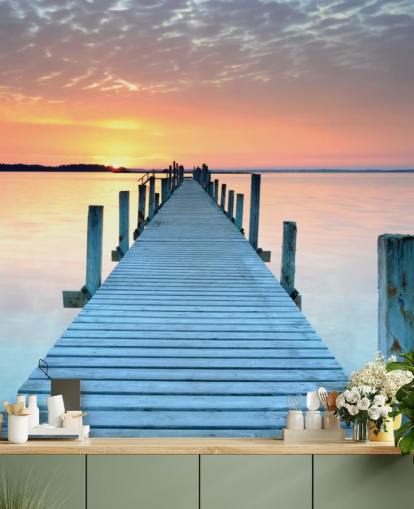 pastellrosa og blå tilpassbar solnedgang tapetmaleri kalt Sunset Jetty for soverom eller kontor pastellrosa og blå tilpassbar solnedgang tapetmaleri kalt Sunset Jetty for soverom eller kontor