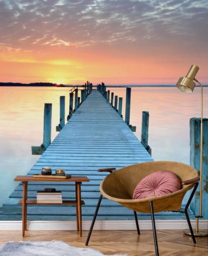 papier peint mural de coucher de soleil personnalisable rose pastel et bleu appelé Sunset Jetty pour chambre ou bureau papier peint mural de coucher de soleil personnalisable rose pastel et bleu appelé Sunset Jetty pour chambre ou bureau