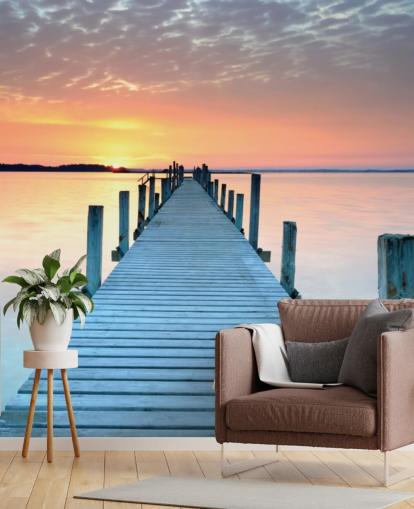 pastellrosa og blå tilpassbar solnedgang tapetmaleri kalt Sunset Jetty for soverom eller kontor pastellrosa og blå tilpassbar solnedgang tapetmaleri kalt Sunset Jetty for soverom eller kontor