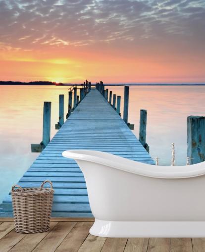 carta da parati murale personalizzabile con tramonto rosa pastello e blu chiamato Sunset Jetty per camera da letto o ufficio carta da parati murale personalizzabile con tramonto rosa pastello e blu chiamato Sunset Jetty per camera da letto o ufficio