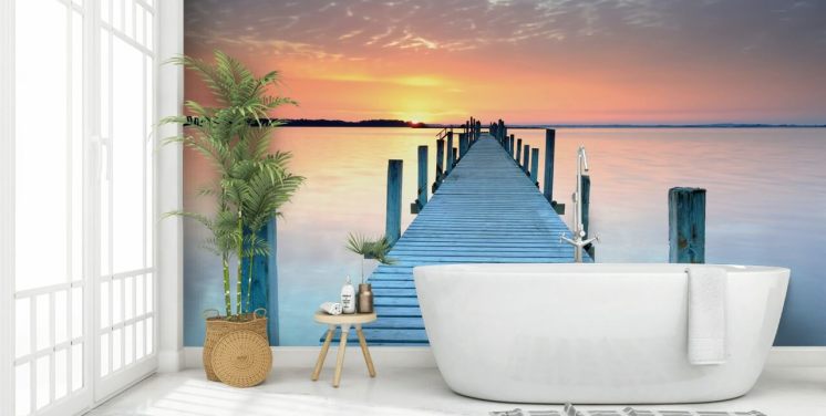 pastellrosa och blå anpassningsbar solnedgång tapetväggmålning kallad Sunset Jetty för sovrum eller kontor