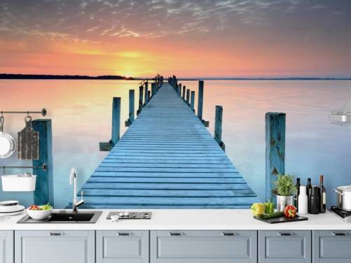 pastellrosa och blå anpassningsbar solnedgång tapetväggmålning kallad Sunset Jetty för sovrum eller kontor
