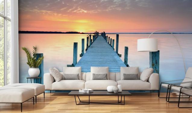 papier peint mural de coucher de soleil personnalisable rose pastel et bleu appelé Sunset Jetty pour chambre ou bureau