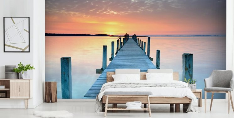 pastellrosa och blå anpassningsbar solnedgång tapetväggmålning kallad Sunset Jetty för sovrum eller kontor