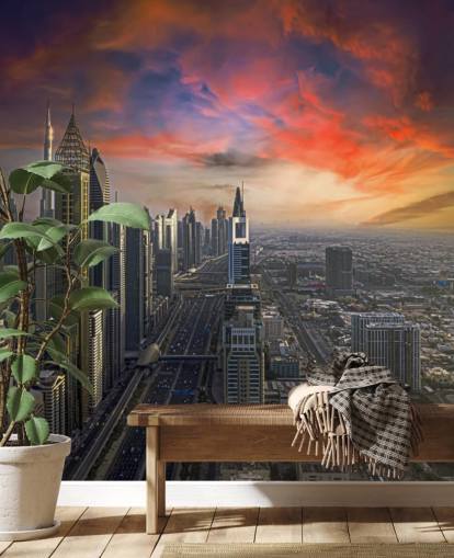 Tapete mit rosafarbenem Himmel über Dubai Tapete mit rosafarbenem Himmel über Dubai