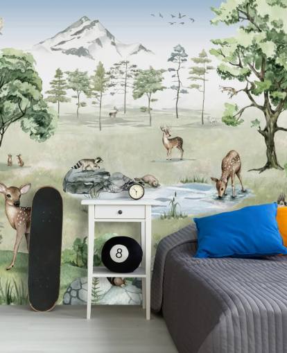 woodland animals with mountains, trees and rocks wallpaper woodland animals with mountains, trees and rocks wallpaper