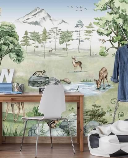 woodland animals with mountains, trees and rocks wallpaper woodland animals with mountains, trees and rocks wallpaper