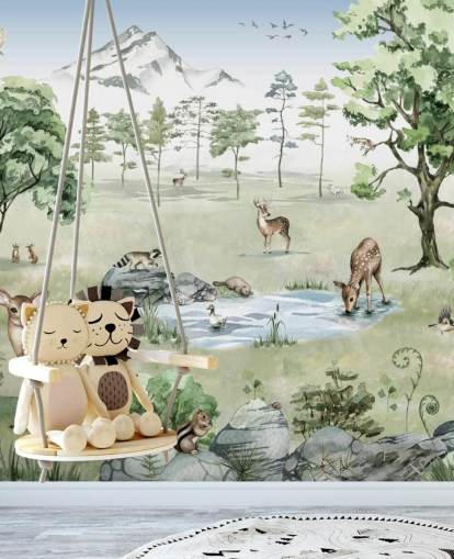 papel de parede de animais da floresta com montanhas, árvores e rochas papel de parede de animais da floresta com montanhas, árvores e rochas