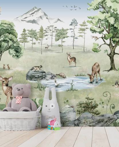 woodland animals with mountains, trees and rocks wallpaper woodland animals with mountains, trees and rocks wallpaper