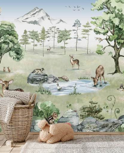 papel pintado de animales del bosque con montañas, árboles y rocas papel pintado de animales del bosque con montañas, árboles y rocas