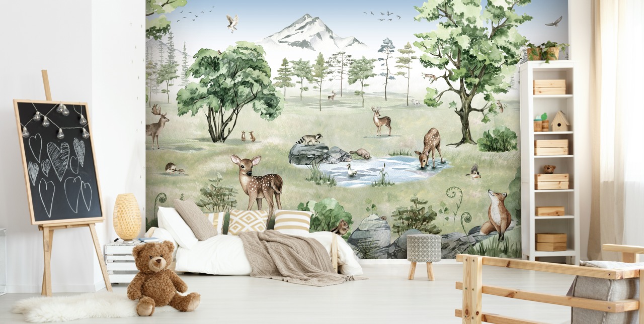 woodland animals with mountains, trees and rocks wallpaper woodland animals with mountains, trees and rocks wallpaper
