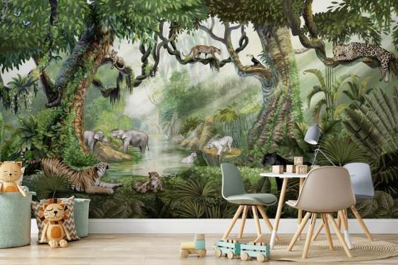 exotic cats in tropical rainforest wallpaper