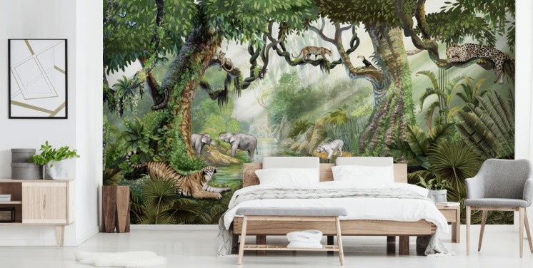 exotic cats in tropical rainforest wallpaper