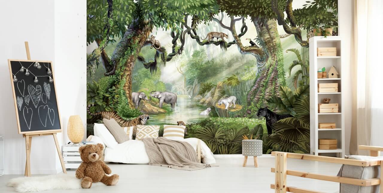 exotic cats in tropical rainforest wallpaper