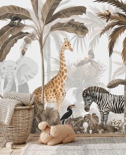 papier peint de la jungle aux tons sépia avec des animaux papier peint de la jungle aux tons sépia avec des animaux