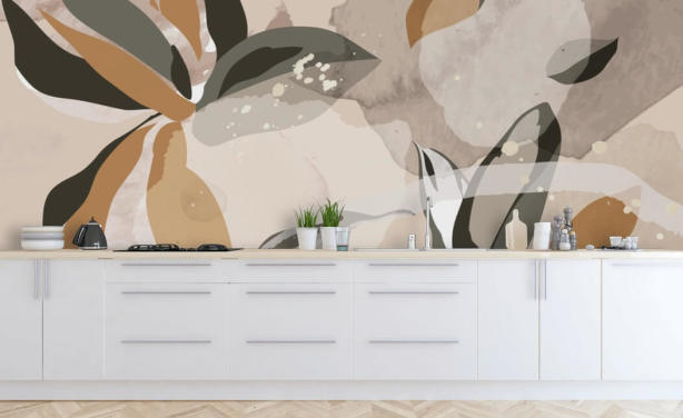 beige og brune abstrakte blader tapet