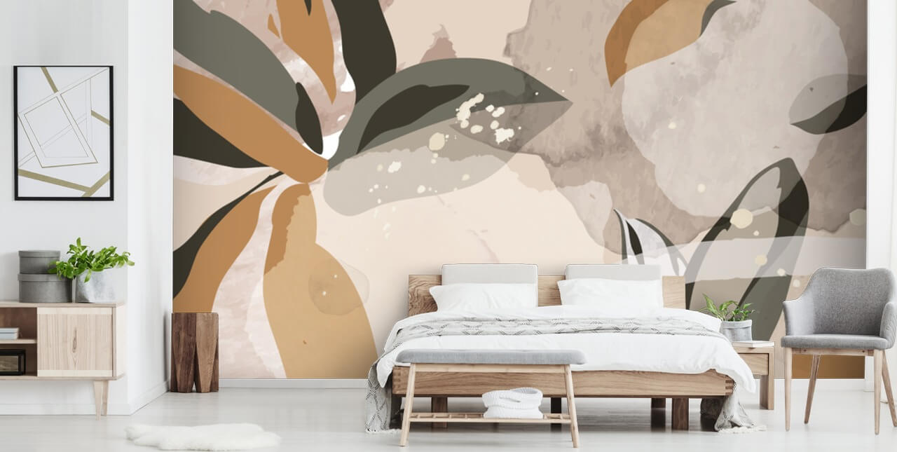 carta da parati foglie astratte beige e marrone