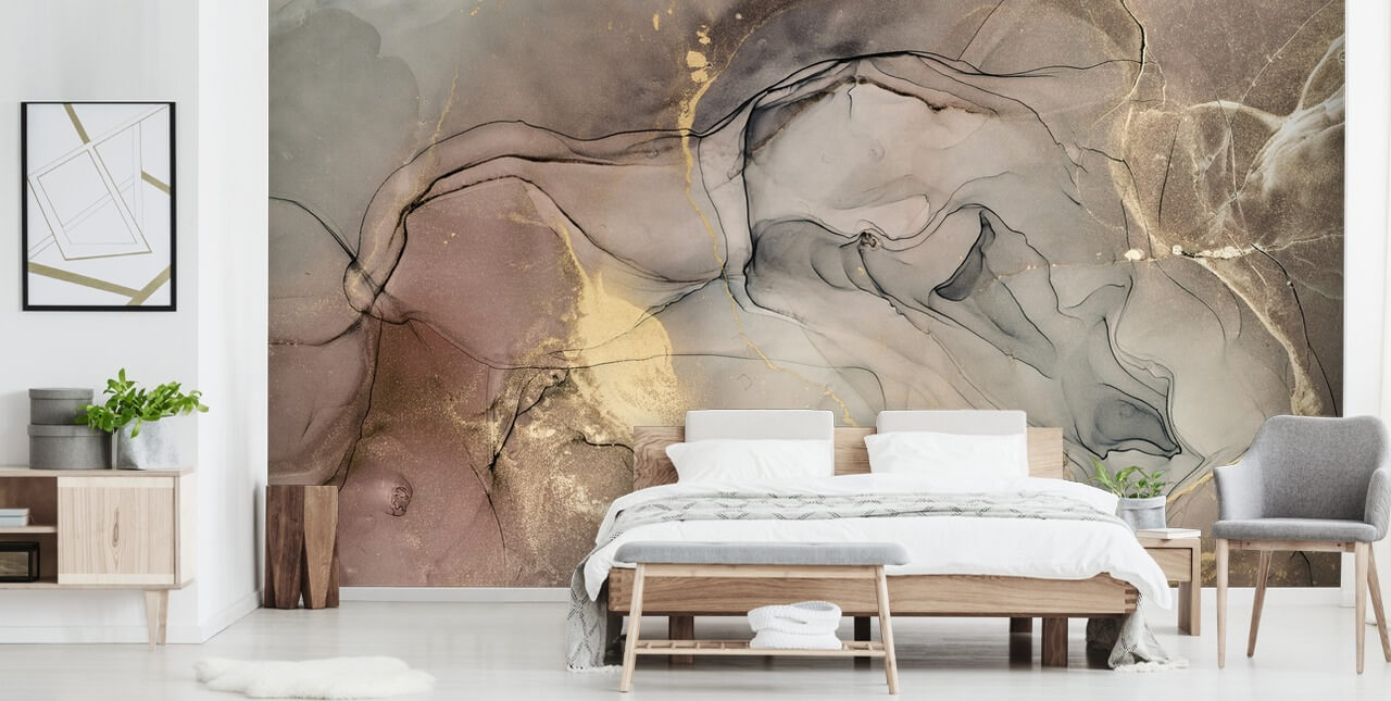 rokerig grijs en paars en goud marmereffect behang