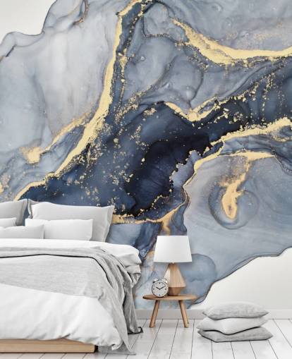 donkerblauwe en gouden aanpasbare marmeren behangmuurschildering genaamd Beautiful Blue voor keukens of badkamers donkerblauwe en gouden aanpasbare marmeren behangmuurschildering genaamd Beautiful Blue voor keukens of badkamers