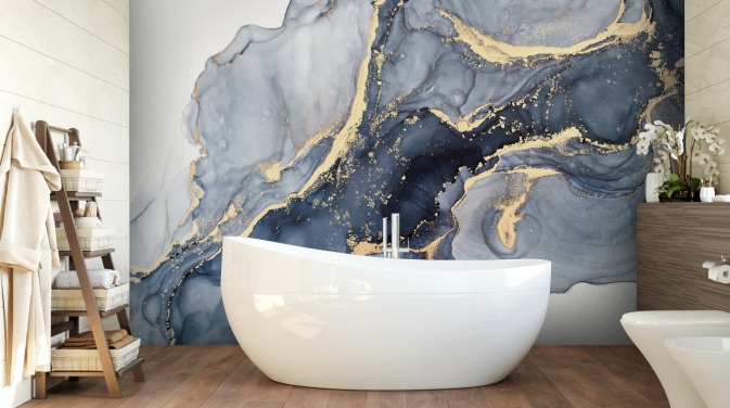 mørkeblå og guld tilpasselig marmor tapetmaleri kaldet Beautiful Blue til køkkener eller badeværelser