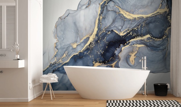 mørkeblå og guld tilpasselig marmor tapetmaleri kaldet Beautiful Blue til køkkener eller badeværelser