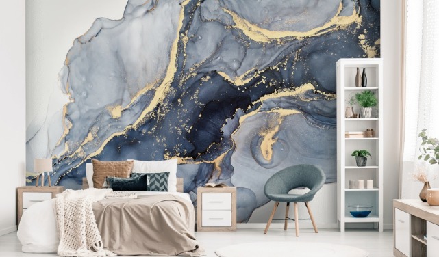 mörkblå och guld anpassningsbar marmor tapetväggmålning kallad Beautiful Blue för kök eller badrum