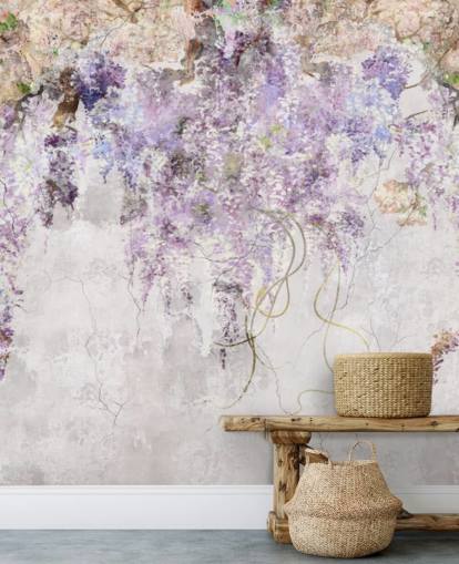 purple coloured wisteria on concrete effect wall wallpaper purple coloured wisteria on concrete effect wall wallpaper