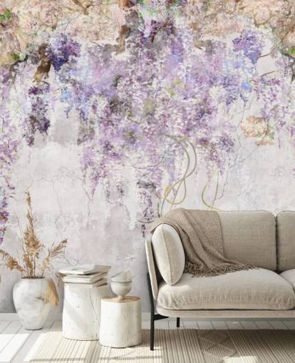 purple coloured wisteria on concrete effect wall wallpaper purple coloured wisteria on concrete effect wall wallpaper